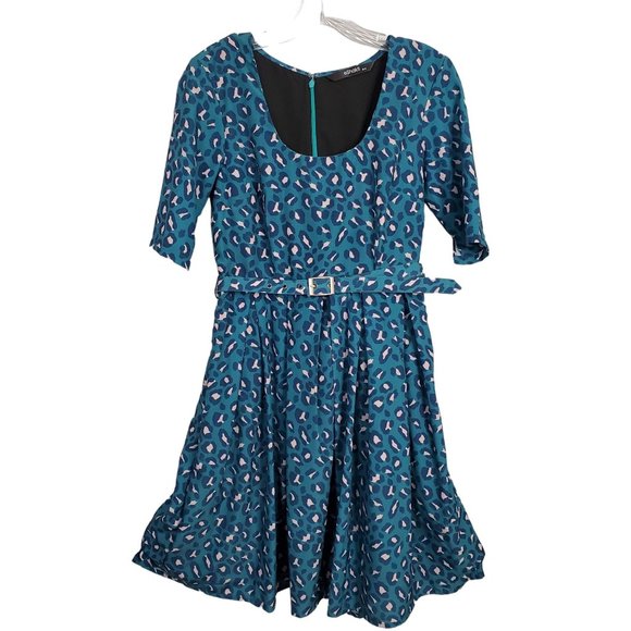 eShakti Size M 8 Dress Crepe Fit Flare Leopard Print Matching Belt Scoop Teal - Picture 2 of 13